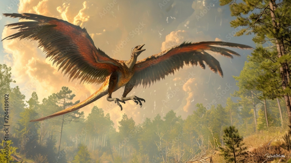 Fototapeta premium A Hatzegopteryx showing off its impressive wingspan as it performs an aerial display its guttural calls filling the air.