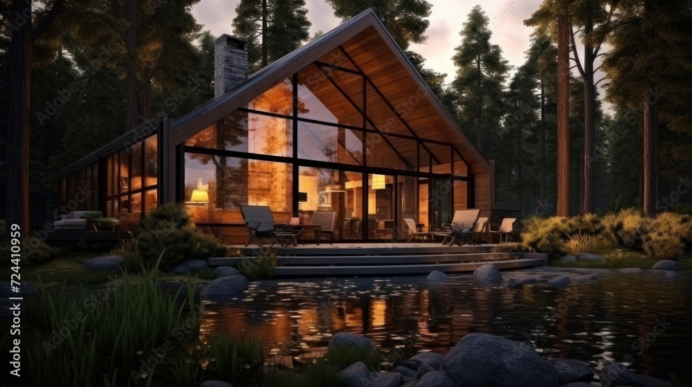 Cozy autonomous eco-house in a summer forest near the river. The concept of caring for the environment and relaxation away from the city.