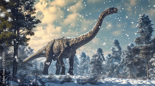 A towering Brachiosaurus reaching its long neck up to catch snowflakes on its tongue.