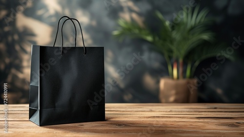 A glossy black paper shopping bag mockup with black handles put on a wooden table with space, Generative AI.