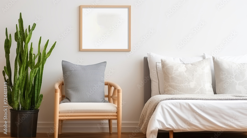 Naklejka premium Square frame mockup in boho style bedroom interior with green plants on wooden floor.