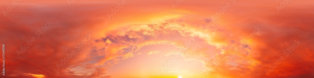 Fototapeta premium Sunset sky panorama with bright glowing pink Cumulus clouds. HDR 360 seamless spherical panorama. Full zenith or sky dome in 3D, sky replacement for aerial drone panoramas. Climate and weather change.