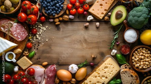 a flat lay of a variety of fresh foods arranged as a border on a wooden surface, featuring cheese, tomatoes, eggs, nuts, cured meats, an avocado, and herbs, with space in the center for copy or design