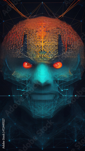 Neural network representation in the form of a human head with red eyes on a black background