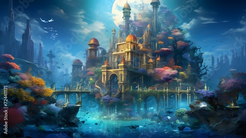 Panoramic view of the mosque and the lake in a fantasy world