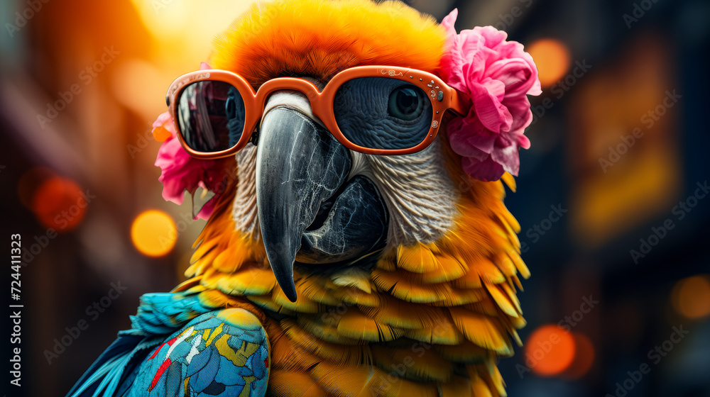 Imagine a stylish parrot in a leather bomber jacket, accessorized with aviator sunglasses and a silk scarf. Amidst a backdrop of tropical foliage, it exudes adventurous style and tropical flair. The v