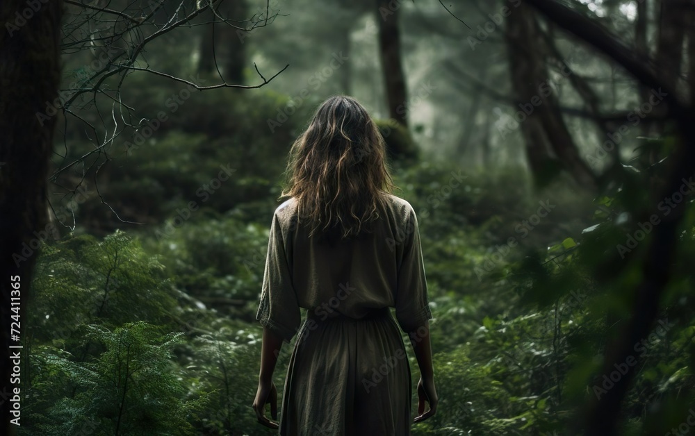 Mystery poster. A woman standing in the forest walking away, point of view from behind. Back view, no face, over the shoulder. AI Generative. Mystery poster. A woman standing in the forest walking away, point of view from behind. Back view, no face, over the shoulder. AI Generative.