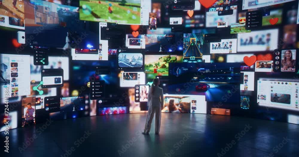 Back View Of Caucasian Woman Entering 3D Cyberspace With Animated Social Media Interfaces, Online Video Games, Videos, Internet Content. Visualization Of Female Enthusiast Surfing Computer Network.