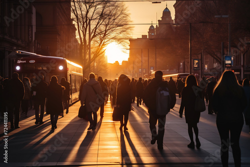 Busy City Street at Sunset with Silhouetted People Commuting. Urban Evening Rush Hour Concept