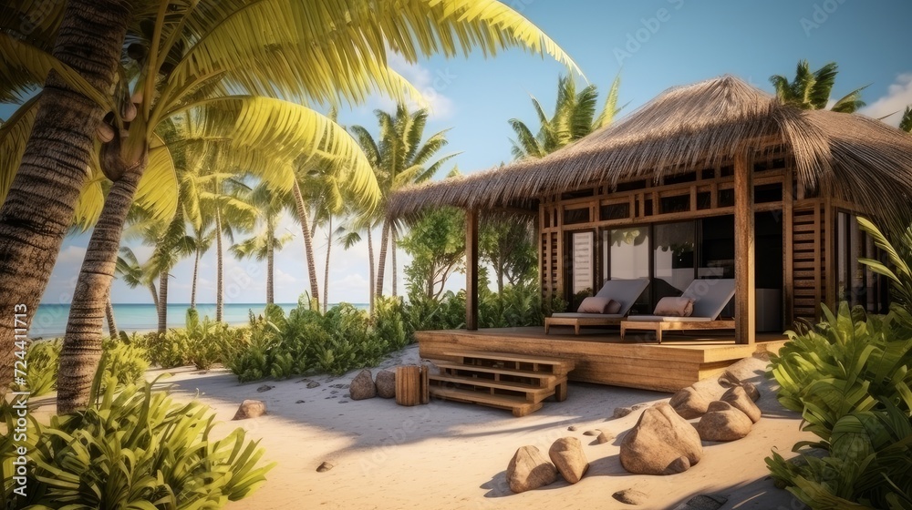 Eco-house or villa with palm trees, on the ocean and beach. Ecotourism and vacation concept