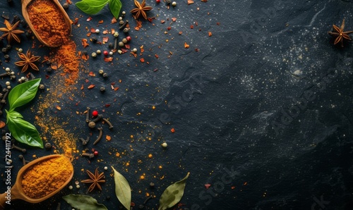 Fényképezés top-down view of various spices and herbs arranged on a dark slate background