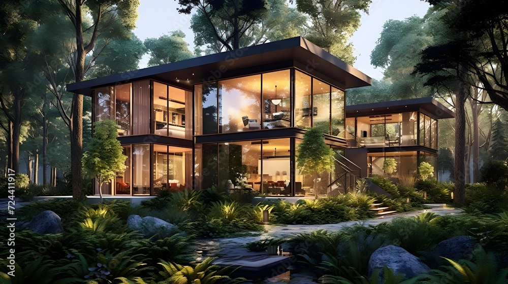 3d rendering of modern cozy chalet with pool and parking for sale or rent. Beautiful forest on background. Clear summer night with shiny light.