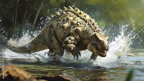 A playful ankylosaurus happily splashes through the water its armored body protected from any ps or ses. © Justlight