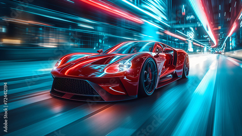 Racing sports car on neon highway. Powerful acceleration of a supercar on a night track with colorful lights and tracks. Blur at high speed. The light trail from the headlights.