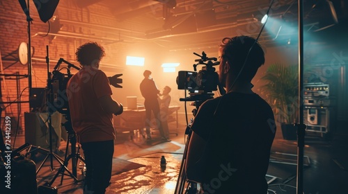 Film crew team with light man and cameraman working together with director in big studio, video production behind the scenes making of TV commercial movie photo