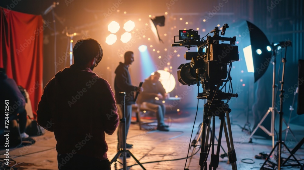 Fototapeta premium Film crew team with light man and cameraman working together with director in big studio, video production behind the scenes making of TV commercial movie