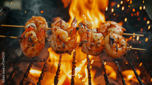 Juicy jumbo shrimp kebabs grilling on a hot sparking fire