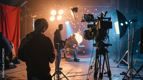 Film crew team with light man and cameraman working together with director in big studio, video production behind the scenes making of TV commercial movie