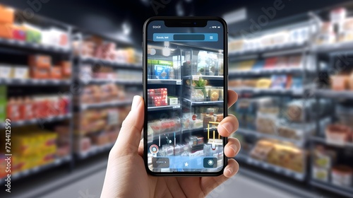 Digital composite of Hand with phone taking photo of food in grocery store