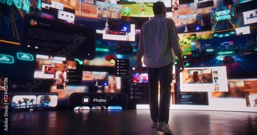 Backview Of Caucasian Man Pressing A Button And Connecting To Virtual Network Of Social Media, Online Gaming, Video Streaming, e-Commerce Shopping. Male Internet User Enjoying Web Culture Concept. 