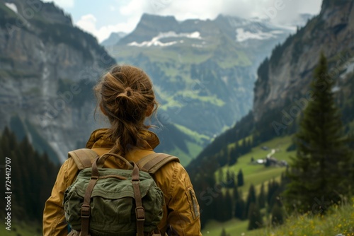 Nature’s Beauty: Female Hiker Trekking Through Mountains, Generative AI