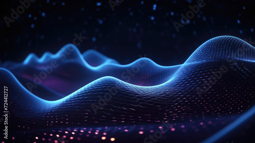 Flowing dot particles wave line pattern blue and purple gradient light isolated on dark black background. Concept of AI technology, science, soundwave, big data , website template, and landing page.