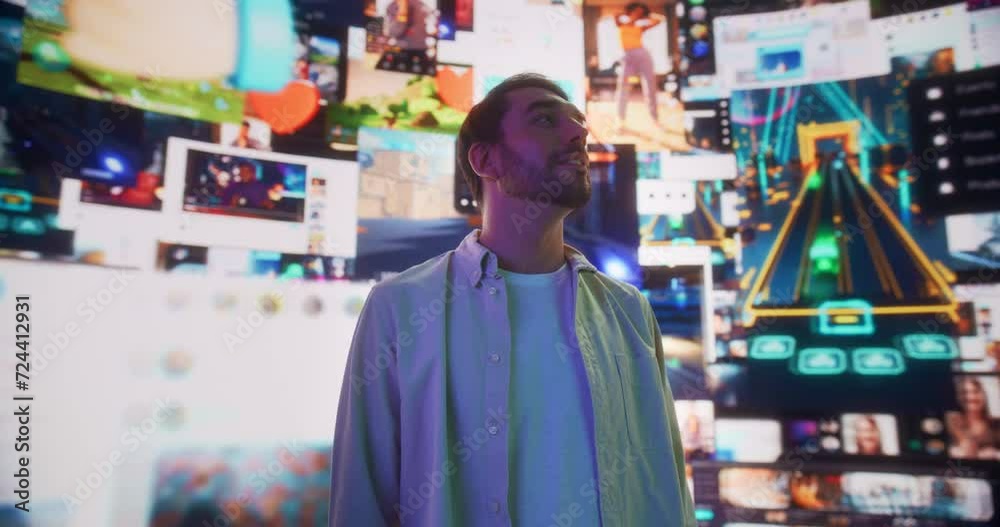 Portrait Of Caucasian Man Enjoying 3D Cyberspace With Animated Social Media Interfaces, Online Video Games, Viral Videos, and Internet Content. Visualization Of Blockchain Technology Concept.