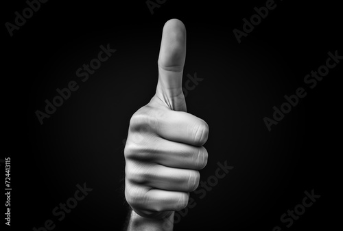 Man's hand shows thumbs up on a black background photo