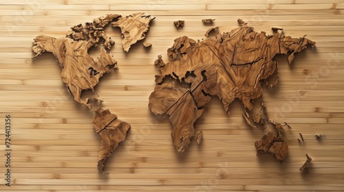 World map made of wood. All continents of the wooden world