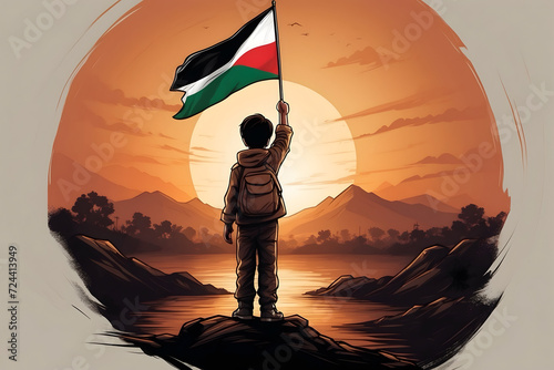 A silhouette of a kid holding his national flag photo