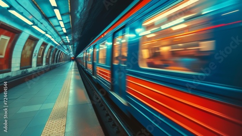 Motion blur passing underground train to the tunnel on the subway platform