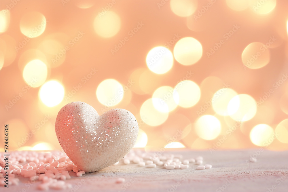 Fototapeta premium Festive Valentines day background. Blurred heart shape bokeh