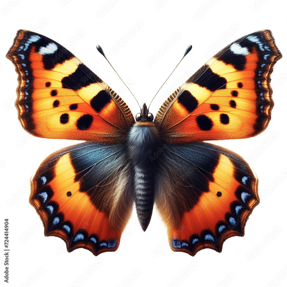Fototapeta premium Eyecatching Small Tortoiseshell butterfly isolated on white, wings spread, close-up macro