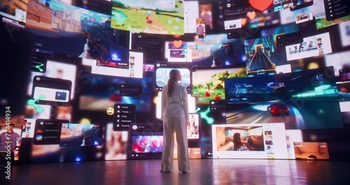 Backview Of Caucasian Woman Entering 3D Cyberspace With Animated Social Media Interfaces, Online Video Games, Videos, Internet Content. Visualization Of Female Enthusiast Surfing Computer Network. photo