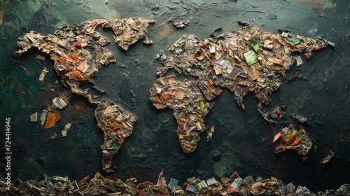 World map made of garbage and trash. All continents of the polluted world. Environmental pollution problem