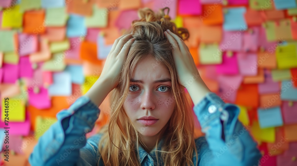 A young lady with a head covering over a backdrop of dynamic sticky notes and space, Generative AI.