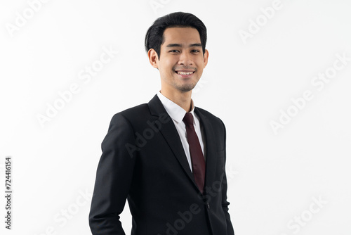 happy young asian businessman smiling standing isolated on white background.