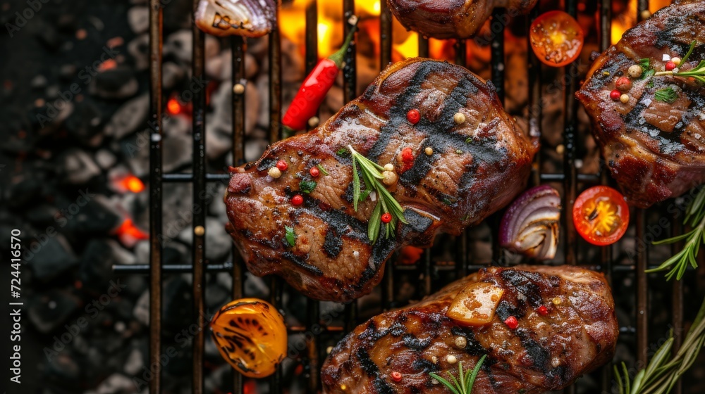 Fototapeta premium Delicious grilled meat with vegetables sizzling over burning coals on a barbecue on a dark background