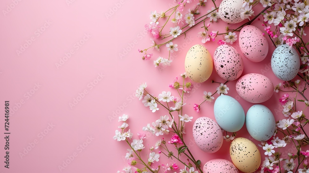 An array of vibrant eggs adorned with apple blossoms on a soft pink backdrop and space, Generative AI.