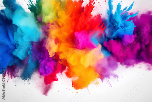 Colorful powder explosion on white background. Abstract pastel color dust particles splash, Holi hai concept photo