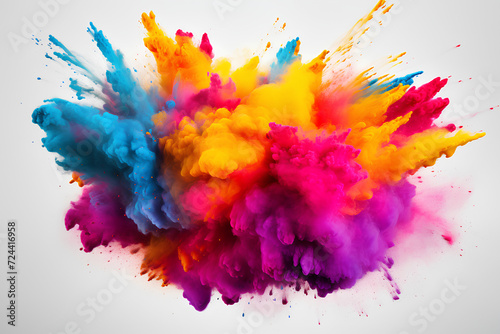 Colorful powder explosion on white background. Abstract pastel color dust particles splash, Holi hai concept