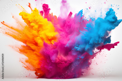 Colorful powder explosion on white background. Abstract pastel color dust particles splash, Holi hai concept