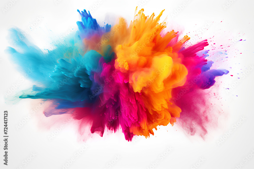Colorful powder explosion on white background. Abstract pastel color dust particles splash, Holi hai concept Colorful powder explosion on white background. Abstract pastel color dust particles splash, Holi hai concept