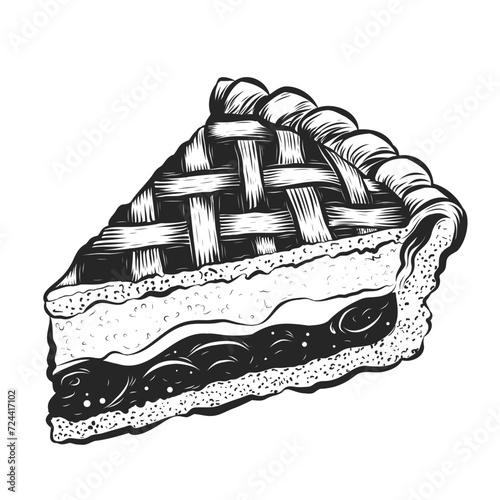 Piece of apple pie vector illustration isolated on white background. Berries and fruit pie for bakery, sweet or pastry shop, special offer, menu design. hand drawn engraving style
