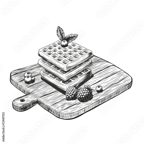 Hand drawn waffles with berries in vintage engraved style. Breakfast Belgian waffles with blueberries, raspberries and mint. Dessert, sweets, menu design, restaurant, pastry shop