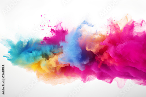 Colorful powder explosion on white background. Abstract pastel color dust particles splash, Holi hai concept