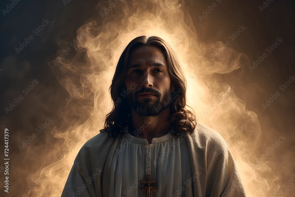 A close up of Jesus with a tranquil background