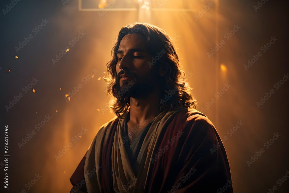 A close up of Jesus with a tranquil background