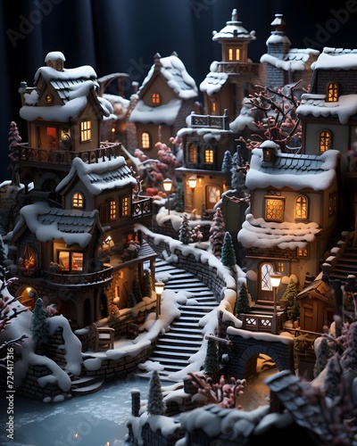 Christmas and New Year miniature village with snow covered houses and trees.