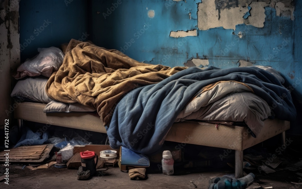 Disheveled Bed in Dilapidated Room